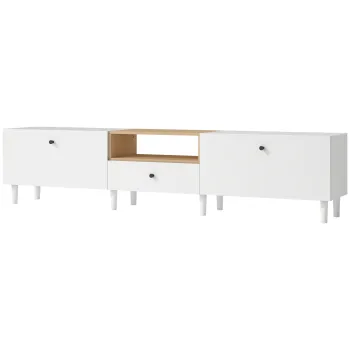 HOMCOM Comoda TV 200 cm pentru televizoare pana la 228,6 cm, 2 compartimente rabatabile, spatiu deschis, sertar, 8 picioare, placa aglomerata, alb | Aosom Romania imagine