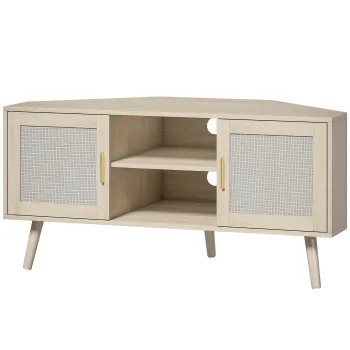 HOMCOM Comoda TV de colt 115 cm, mobilier pentru televizoare pana la 165,1 cm, 2 usi din ratan 2 compartimente, stejar | Aosom Romania imagine