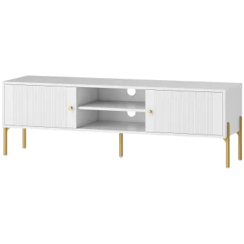 HOMCOM Comoda TV, mobilier TV pentru televizoare de pana la 165,1 cm cu 2 usi, 2 compartimente deschise, picioare din otel, 140x38x45,9cm, alb | Aosom Romania imagine