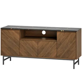 HOMCOM Comoda TV pentru televizoare pana la 165,1 cm comoda TV din lemn cu compartiment deschis si orificiu pentru cabluri, efect marmura, 140x39x66cm, nuc | Aosom Romania imagine