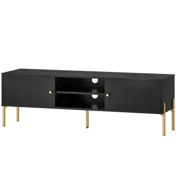 HOMCOM Comoda TV pentru televizor pana la 165,1 cm, Usi canelate, Compartimente deschise, Picioare din otel, 140 x 38 x 45,9 cm, negru | Aosom Romania imagine
