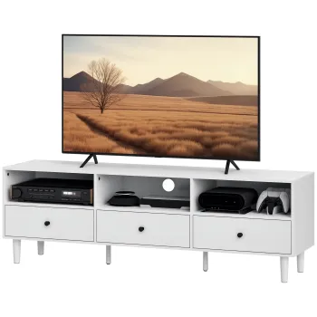 HOMCOM Comoda TV, Stand TV pentru Ecrane de 75 inch, 3 Rafturi Deschise, 3 Sertare, Placa de Particule, Alb | Aosom Romania imagine