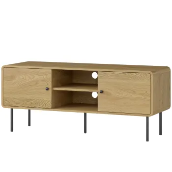 HOMCOM Comoda TV, suport TV pana la 139,7 cm cu 2 usi, 2 compartimente deschise, picioare din otel, 120x40x50cm, stejar | Aosom Romania imagine