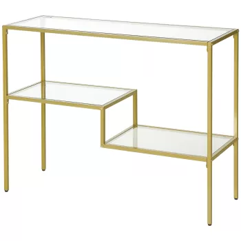 HOMCOM Consola aurie, Masuta de cafea din sticla temperata 100 cm, Masa pentru hol cu rafturi de depozitare | AOSOM RO imagine