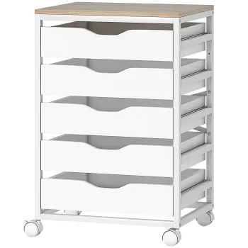 HOMCOM Corp birou mobil, mobilier de depozitare pe roti din lemn cu 5 sertare, manere incastrate, 50 x 40 x 74,5 cm , alb | Aosom Romania imagine