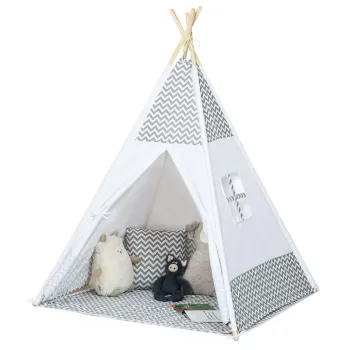 HOMCOM Cort Teepee Indian Cort de joaca pentru Copii in Stil Grafic - dim. 1,2L x 1,2l x 1,55H m - Usa inchisa Fereastra Covor Perna Geanta Transport Inclusa - la Interior si Exterior Gri Alb | Aosom Romania imagine