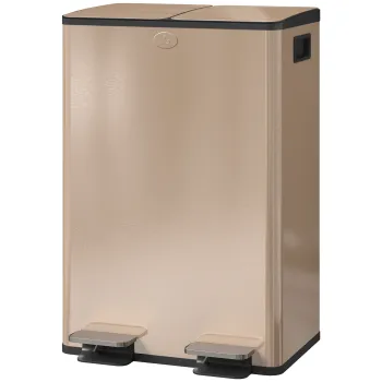 HOMCOM Cos de bucatarie 2 compartimente de 2 x 28 l, otel inoxidabil, capac cu inchidere silentioasa, 45,8x36x67,6cm, auriu | Aosom Romania imagine
