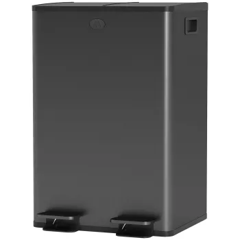 HOMCOM Cos de bucatarie 2 compartimente de 2 x 28L, otel inoxidabil, capac cu inchidere silentioasa, 45,8x36x67,6cm, negru | Aosom Romania imagine