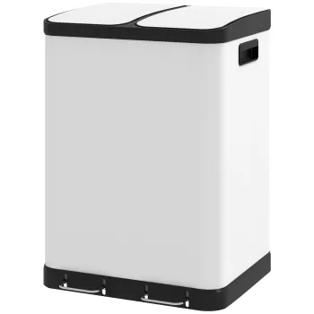 HOMCOM Cos de gunoi de bucatarie 2 x 30L cu pedala din otel inoxidabil, 2 compartimente, capac cu inchidere moale, 60L, alb | Aosom Romania imagine