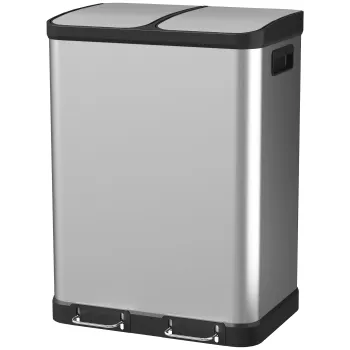 HOMCOM Cos de gunoi pentru bucatarie cu dublu compartiment 2 x 30L cu pedala din otel inoxidabil, capac cu inchidere silentioasa, argintiu | Aosom Romania imagine