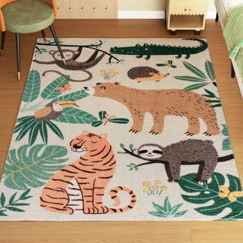 HOMCOM Covor plusat cu Model de Jungle, usor de intretinut, Crem + Multicolor | Aosom Romania imagine