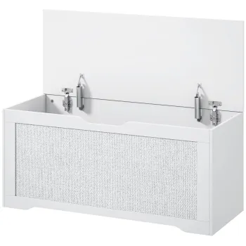 HOMCOM Cufar de depozitare 108 L Banca de depozitare cu panou din ratan Capac Brate de sustinere pentru hol 80x40x45cm Alb | Aosom Romania imagine