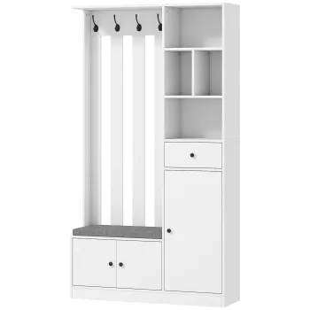 HOMCOM Cuier 180 cm cu Banca pentru Pantofi, Solutie 4-in-1 cu Raft Reglabil, 4 Agatatori si Compartimente Deschise, pentru Hol sau Living, Alb | Aosom Romania imagine