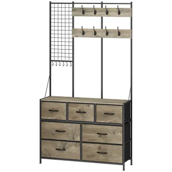 HOMCOM Cuier 4 in 1, Mobilier pentru hol cu 7 sertare pliabile din material textil, 14 carlige si panou grilaj, Gri cu efect de lemn | Aosom Romania imagine