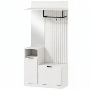 HOMCOM Cuier 6-in-1 Mobilier de intrare cu banc pentru incaltaminte, oglinda, sertar basculant, etajere reglabile, 4 carlige, alb | Aosom Romania imagine