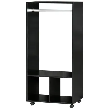 HOMCOM Cuier cu Bara din Aluminiu si 2 Rafturi Deschise, Cuier din PAL, 60x40x128 cm, Negru | Aosom Romania imagine