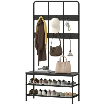 HOMCOM Cuier de Hol 3 in 1 cu 6 Carlige si Banca cu Suport pentru Pantofi, Negru | Aosom Romania imagine