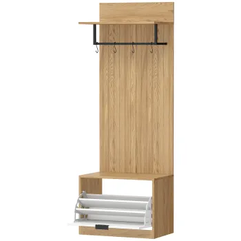 HOMCOM Cuier de Hol cu Pantofar Rabatabil, Cuier cu Banca, 4 Carlige si Rafturi pentru Pantofi, Organizator Modern pentru Hol si Coridor, Stejar si Alb | Aosom Romania imagine