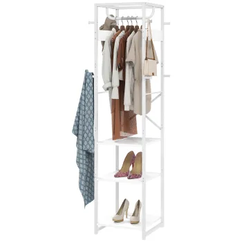 HOMCOM Cuier de Podea cu Bara si 3 Rafturi Deschise, 38.5x30x170 cm, Alb | Aosom Romania imagine