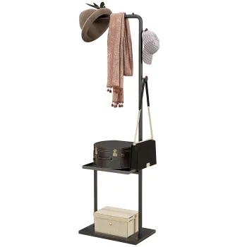 HOMCOM Cuier de Podea in Forma de C cu 3 Carlige, Baza din piatra si Picioare Antiderapante, 45x28x148 cm, Negru | Aosom Romania imagine