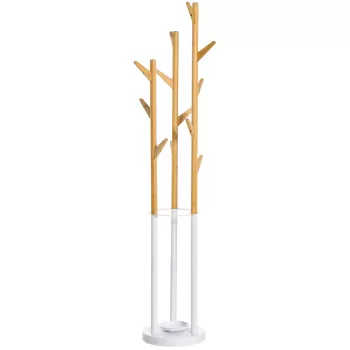 HOMCOM Cuier de podea pentru haine cu suport pentru umbrele si 13 carlige, din metal si bambus, dimensiuni 30.5x30.5x174.5cm, culoare lemn si alb imagine