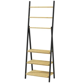 HOMCOM Cuier de Podea Pliabil pentru Prosoape cu 3 Bare si 3 Rafturi, Suport din Bambus, 53x31x153 cm, Lemn Natural | Aosom Romania imagine