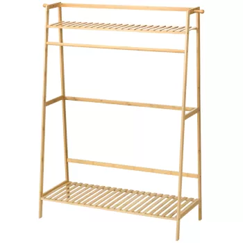 HOMCOM Cuier Inaltat din Bambus pe 2 Nivele cu Bara si 2 Carlige pentru Sufragerie, Hol si Dormitor, 114x40x139 cm, culoare Lemn Natur | AOSOM RO imagine