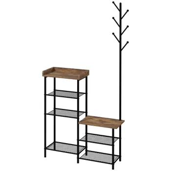 HOMCOM Cuier pentru Haine de Podea cu 6 Carlige din PAL si Otel cu Dulap de Pantofi cu mai multe Rafturi, 92.5x28.2x182 cm, Maro imagine