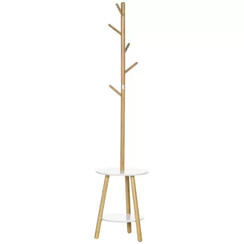 HOMCOM Cuier pentru haine din MDF si aluminiu si masuta de cafea rotunda, 39,5x39,5x171 cm, culoare lemn si alb | AOSOM RO imagine