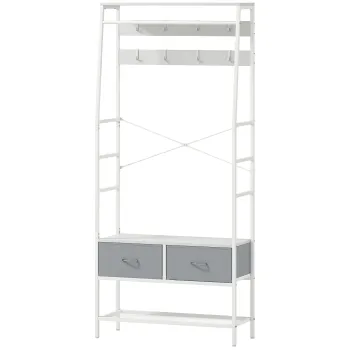 HOMCOM Cuier pentru pantofi cu spatiu pentru pantofi, carlige, sertare, bara si raft pentru intrare, hol, living 80x30x180,5 cm Alb | Aosom Romania imagine