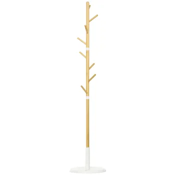 HOMCOM Cuier Vertical cu 8 Carlige cu Baza Rotunda din Bambus, Lemn si Metal, O37,8x175,6 cm, Lemn Natural | Aosom Romania imagine