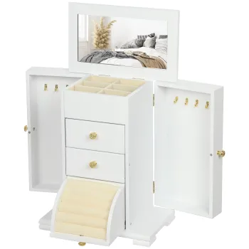 HOMCOM Cutie de bijuterii pentru femei cu 4 nivele, cutie din lemn cu aripi, oglinda si 2 sertare, 26,5x16 x33,5 cm, Alb | Aosom Romania imagine