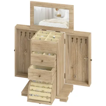 HOMCOM Cutie pentru bijuterii femei pe 4 nivele, cofret pentru bijuterii cu aripi, oglinda si 2 sertare, 26,5 x 16 x 33,5 cm, maro | Aosom Romania imagine