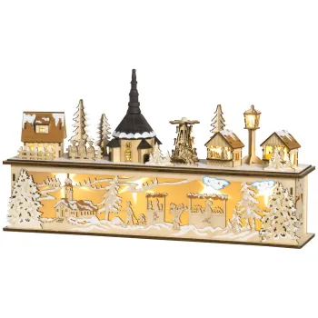 HOMCOM Decoratiune de Craciun, sat de Craciun, 10 LED-uri, lumina alb-cald, 45 x 10 x 25 cm, decor din lemn | Aosom Romania imagine
