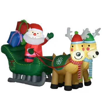 HOMCOM Decoratiune gonflabila de Craciun Mos Craciun in sanie cu 2 reni, decoratiune de Craciun cu 4 lumini LED 210x70x125 cm | Aosom Romania imagine