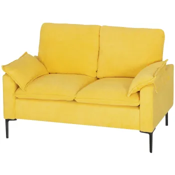 HOMCOM Divan cu Doua Locuri Imbunatatit in Material Textil de Tip Spugna cu Perne Detasabile, Divan Compact Modern cu Brate si Picioare Metalice pentru Sufragerie, Dormitor, 130x77x84 cm, Galben | Aosom Romania imagine