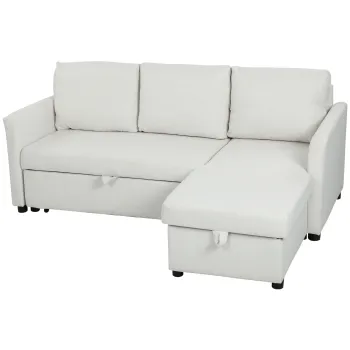 HOMCOM Divan Extensibil pentru 3 Persoane cu Sezlong Convertibil, Divan Rabatabil cu Compartiment de Depozitare si 3 Perne Detasabile, Material Textil cu Efect de In, Living, 192x148x86cm, Crem | Aosom Romania imagine