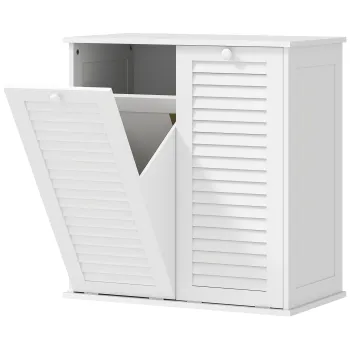 HOMCOM Dulap baie cu cos de rufe mobilier baie din lemn usi lamelare 2 cosuri 70 x 38 x 73 cm alb | Aosom Romania imagine