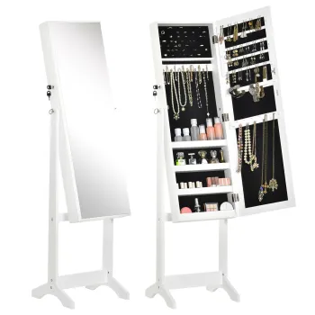 HOMCOM Dulap Bijuterii cu Oglinzi si Spatii pentru Cercei Inele Coliere 46x36,5x151,5 cm Alb | Aosom Romania imagine