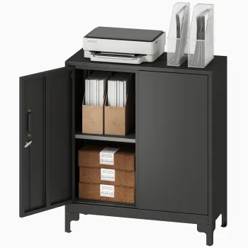 HOMCOM Dulap birou din metal, usi blocabile, comoda de birou, design cu doua niveluri, Negru | Aosom Romania imagine