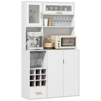HOMCOM Dulap Cafenea de Bucatarie cu Depozit de Vinuri, Bufet cu Cabina, Blat cu Microunde, Sertar, Polita, Usi din Sticla, 100x38x172 cm, alb imagine