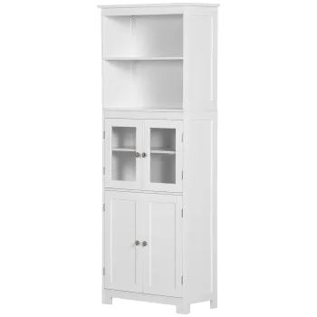 HOMCOM Dulap Camara cu 2 Rafturi Deschise si 2 Dulapuri cu Usi, Dulap de Bucatarie din MDF si Sticla Securizata, 60x30x162 cm, Alb imagine