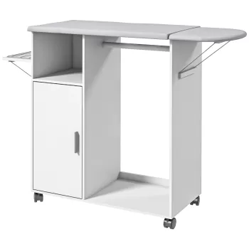 HOMCOM Dulap cu Masa de Calcat din PAL si Burete cu Blat de Lucru din Tesatura Efect In, 3 Rafturi Cub si Ghidaj pentru Agatat, 127x42.5x99 cm, Alb imagine