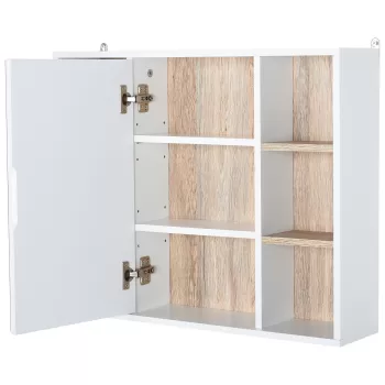 HOMCOM Dulap cu Oglinda din MDF si PAL, Dulap de Baie cu 3 Rafturi Laterale si Raft Interior Reglabil, 60x14.5x49.4 cm, Alb si Lemn Natur | Aosom RO imagine