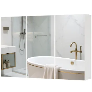 HOMCOM Dulap cu oglinda pentru baie, Badschrank cu 3 usi cu oglinda, Montaj pe perete, 90 x 15,5 x 60 cm, Placa de fibra, Alb | Aosom Romania imagine