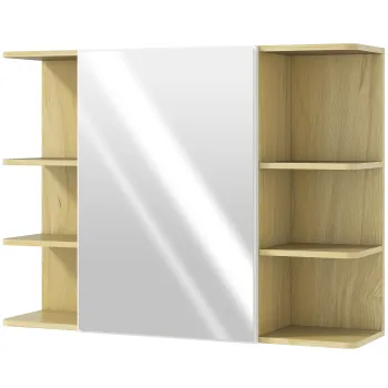HOMCOM Dulap cu Oglinda pentru Baie cu Dulapior si 6 Compartimente Deschise 80x20x59cm Lemn | Aosom Romania imagine