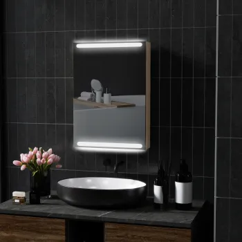 HOMCOM Dulap cu oglinda pentru baie cu lumini LED si rafturi din sticla reglabile, montat pe perete 50x12,5x70cm, lemn natural | Aosom Romania imagine