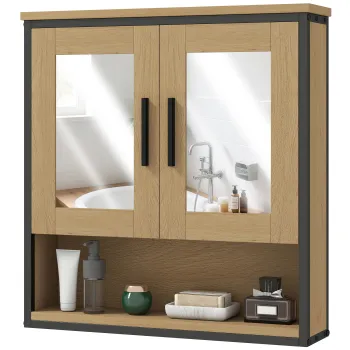 HOMCOM Dulap cu oglinda pentru baie, mobilier baie cu compartiment deschis si raft reglabil, stejar | Aosom Romania imagine