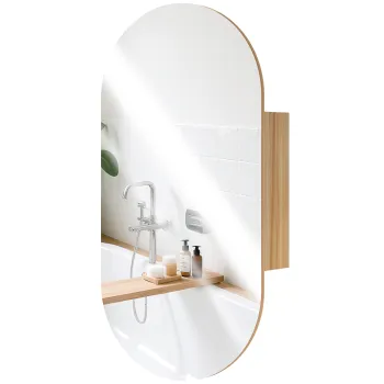 HOMCOM Dulap cu oglinda pentru baie, montare pe perete, oval, 45 x 90 cm, modern, fara rame, lemn natural | Aosom Romania imagine