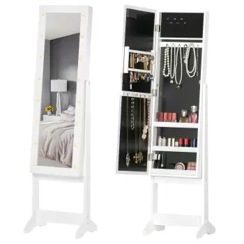 HomCom, dulap cu oglinda, pentru bijuterii, 36x30x136 cm, alb imagine